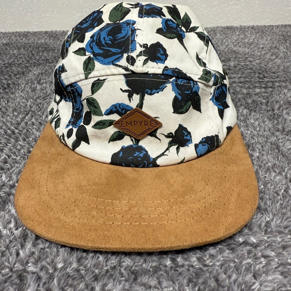 EMPYRE Blue Rose Floral Print 5 Panel Cap White Brown Suede Brim Strapback